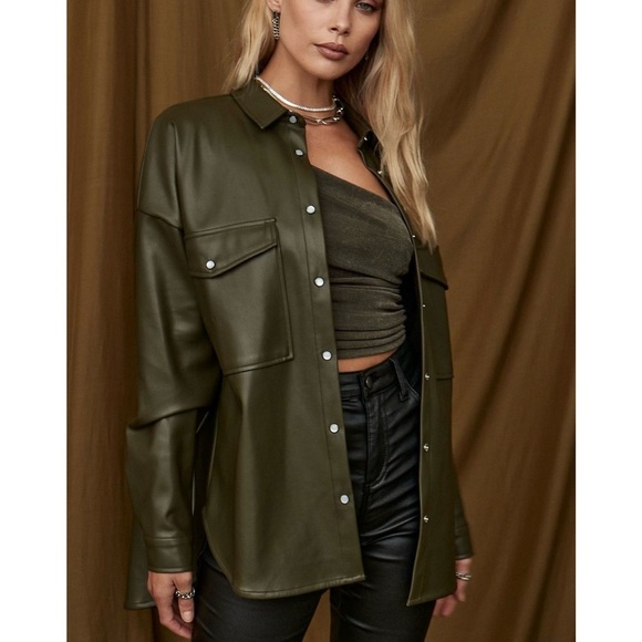 12th Tribe Owen Olive Vegan Leather Shirt Jacket M/L - Picture 1 of 8